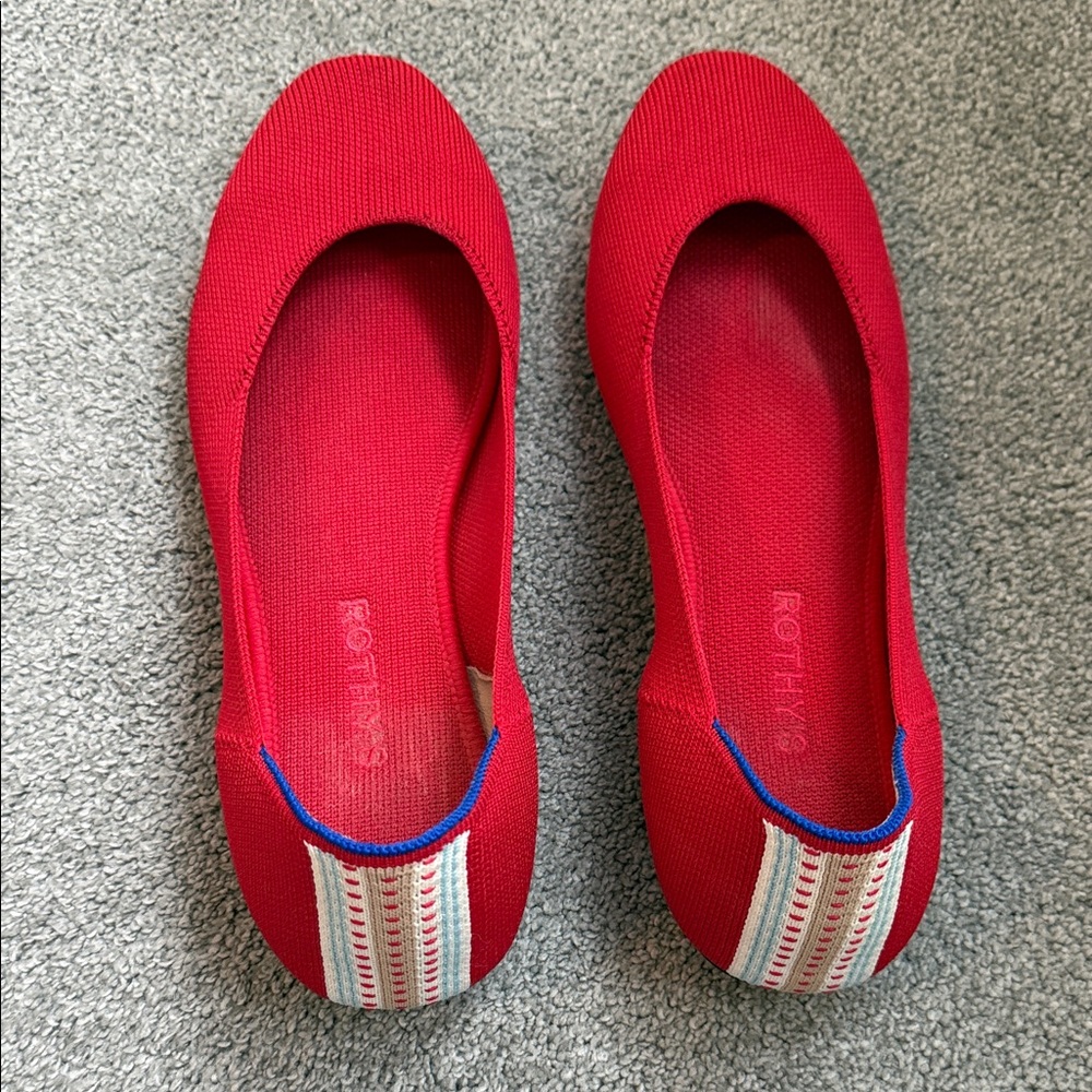 Rothy's Red Knit Ballet Flats with Striped Heel Tab